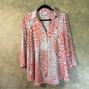 Cabi | Coral Leopard Oversized Blouse | Chiffon Button Down | M